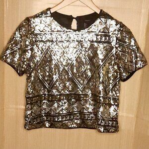 Forever 21 Gold Black Silver Sequin Cropped Short Sleeve Top Large